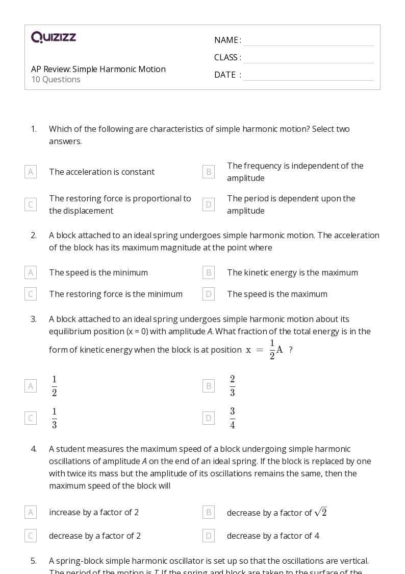 50+ simple harmonic motion worksheets for 11th Grade on Quizizz Free & Printable