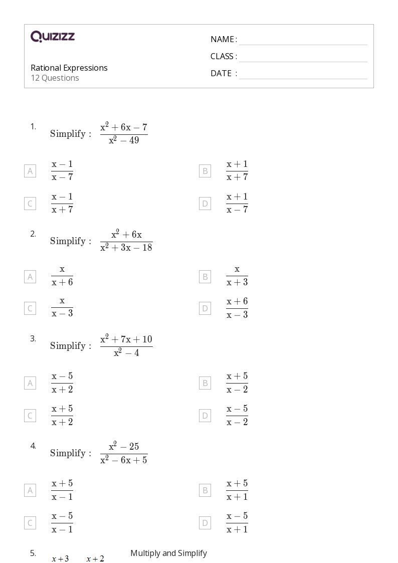 50+ Rational Expressions worksheets for 9th Grade on Quizizz | Free
