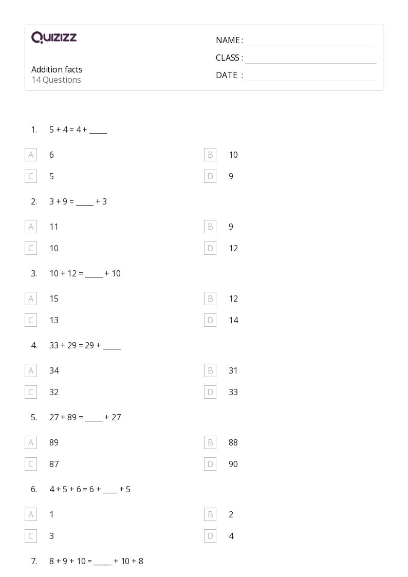 50+ Addition Facts worksheets for 4th Class on Quizizz | Free & Printable