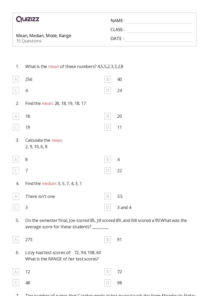 50+ Mean, Median, and Mode worksheets for 5th Year on Quizizz Free