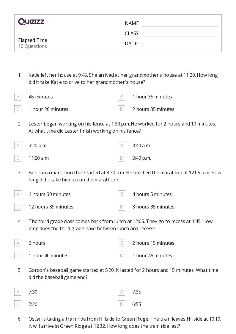 50+ Word Problems and Elapsed Time worksheets for 4th Class on Quizizz Free & Printable