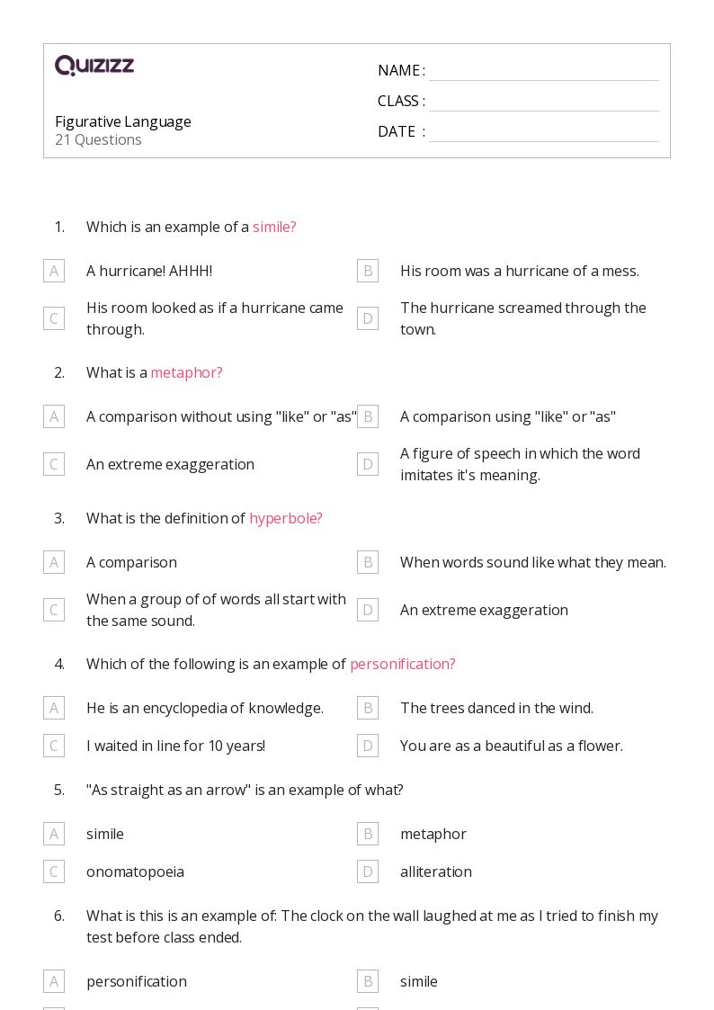 50+ Figurative Language worksheets for 6th Grade on Quizizz Free