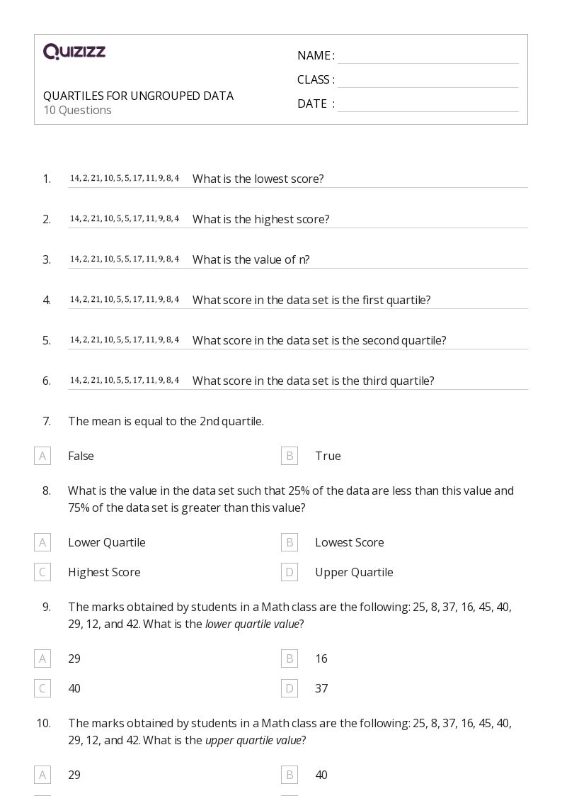 50+ quartiles worksheets for 10th Grade on Quizizz Free & Printable