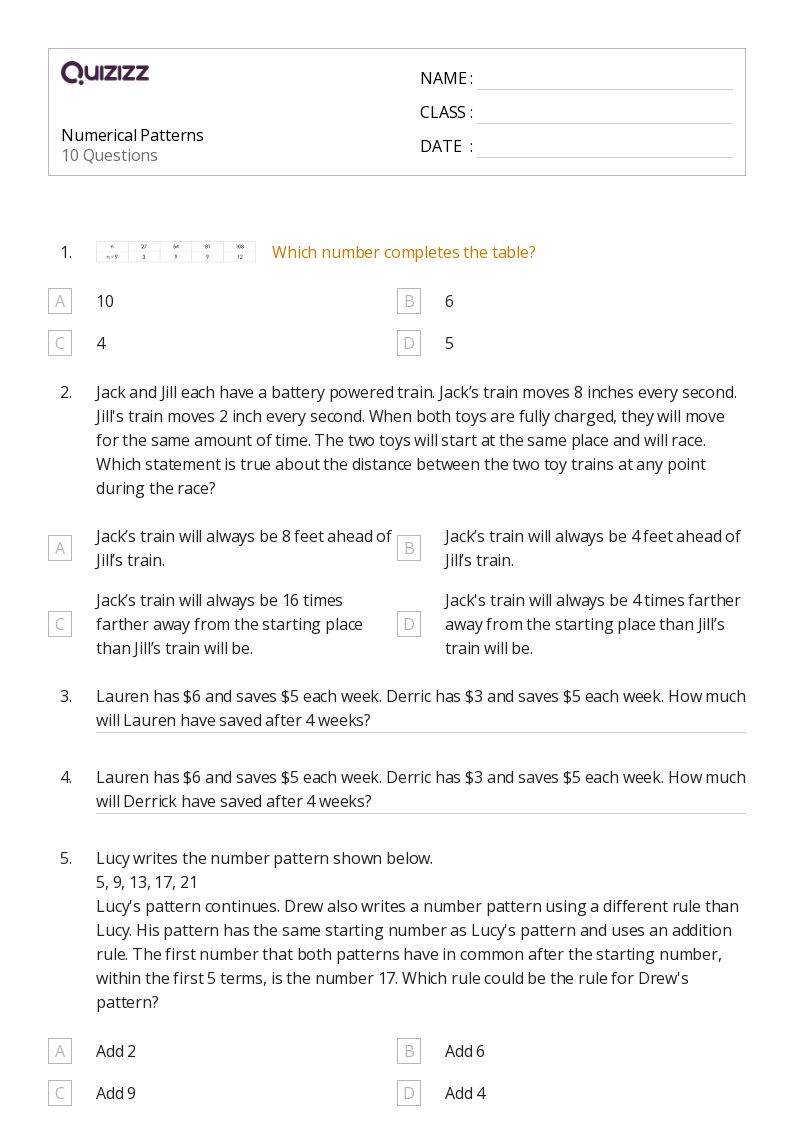 50+ Addition and Patterns of One More worksheets for 5th Grade on Quizizz Free & Printable
