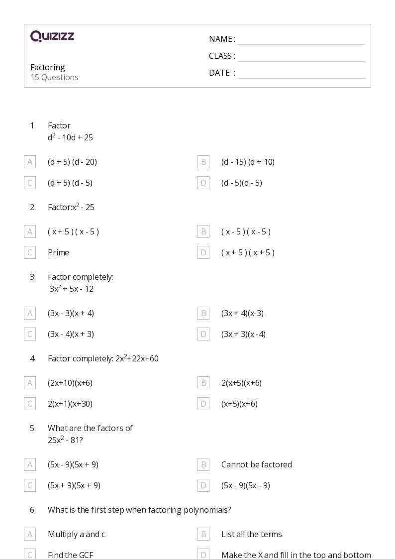 50+ Factoring worksheets on Quizizz | Free & Printable