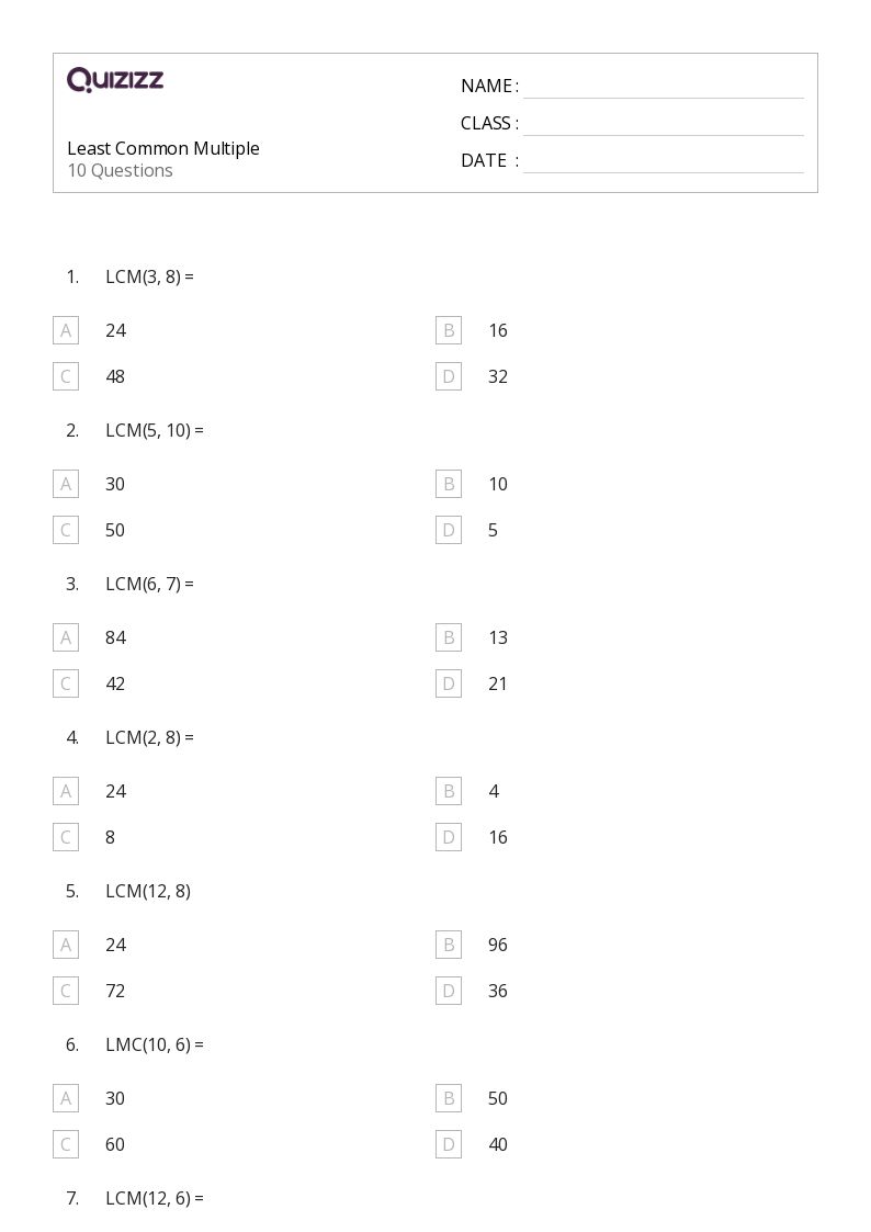 50+ Least Common Multiple worksheets for 6th Class on Quizizz Free & Printable