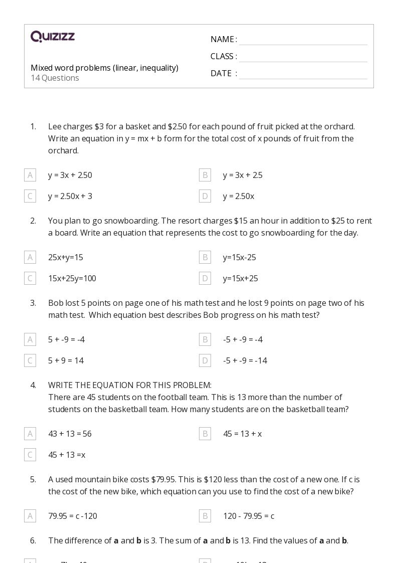 50+ Math Word Problems worksheets for 7th Grade on Quizizz Free