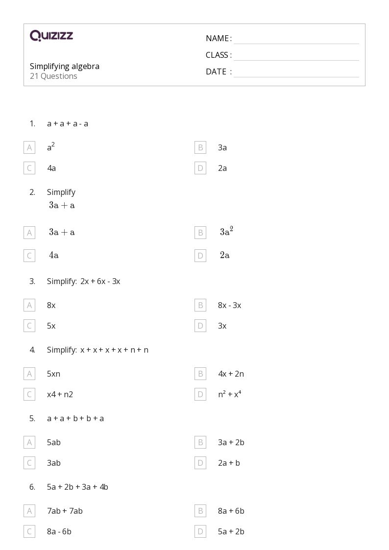 50+ Algebra worksheets on Quizizz Free & Printable