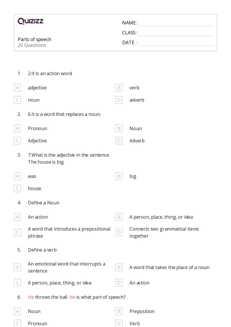 50+ Parts of Speech worksheets for 5th Grade on Quizizz Free & Printable
