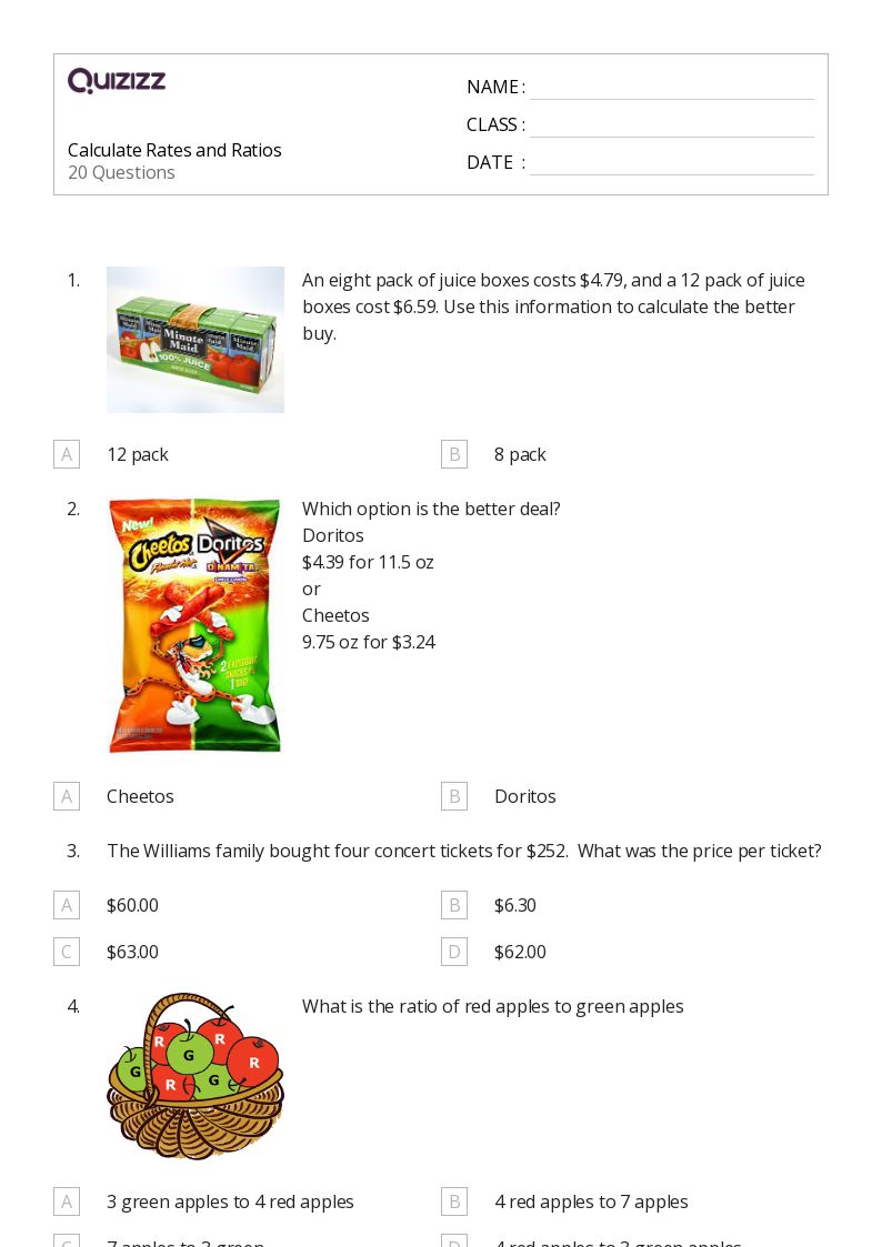 50+ Percents, Ratios, and Rates worksheets on Quizizz Free & Printable