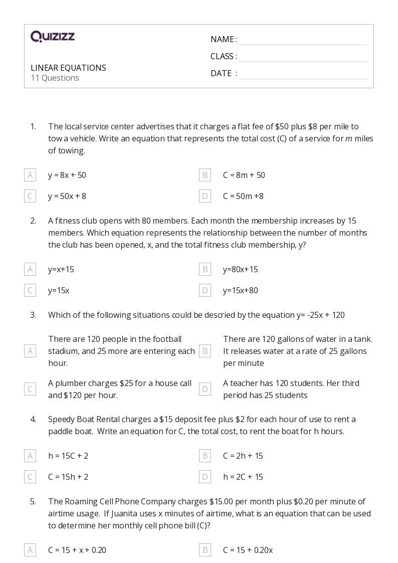 50+ Linear Equations worksheets for 3rd Class on Quizizz Free & Printable