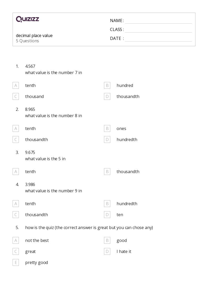 50+ Decimal Place Value worksheets for 3rd Year on Quizizz Free & Printable