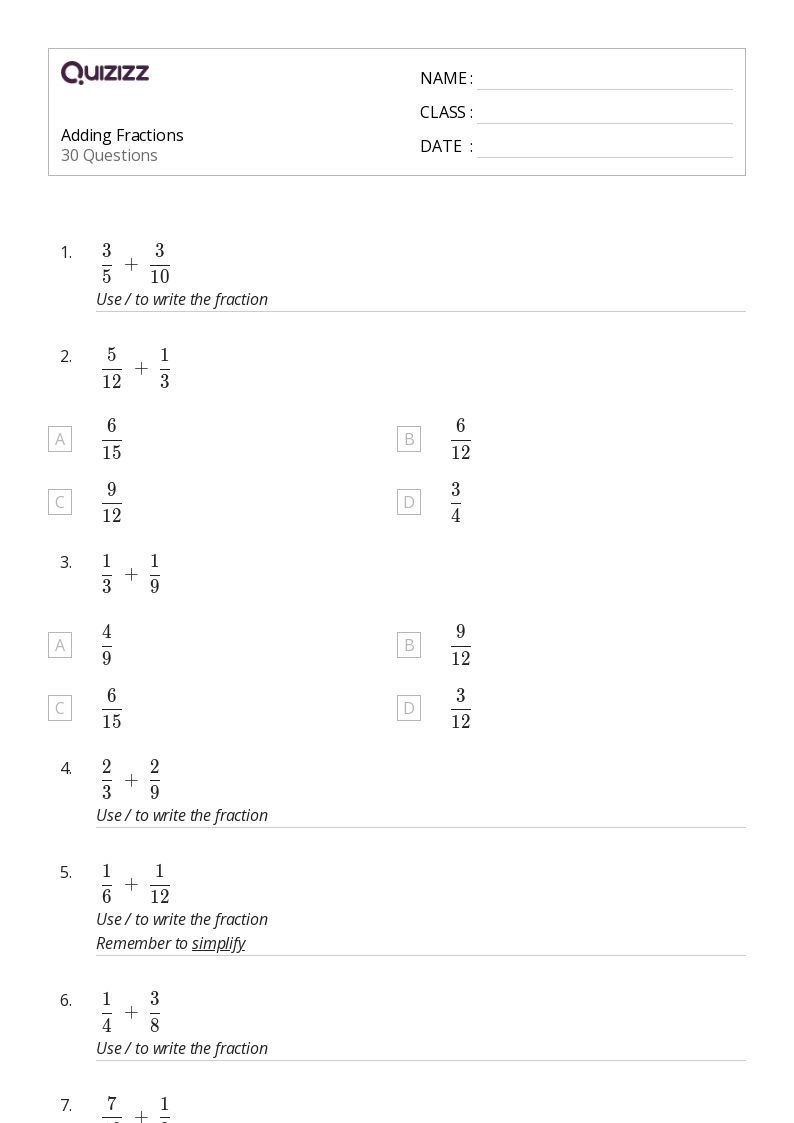 50+ Adding Fractions worksheets for 7th Grade on Quizizz Free & Printable