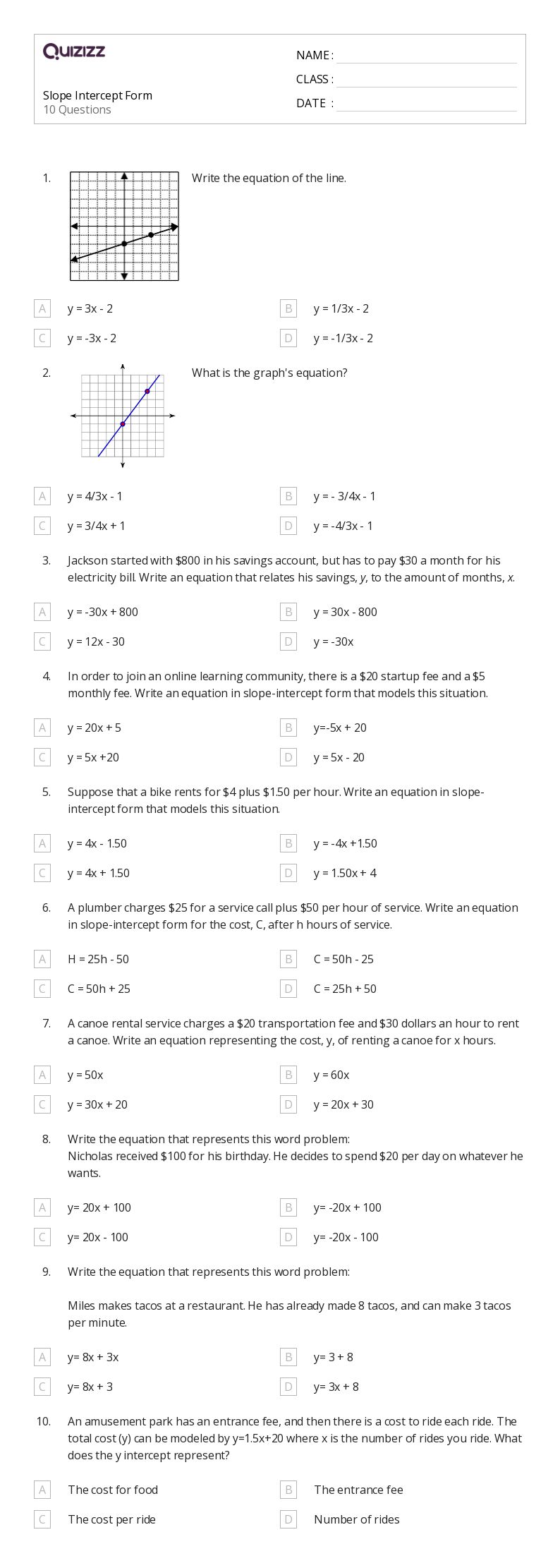 50+ Slope-Intercept Form worksheets for 8th Grade on Quizizz | Free