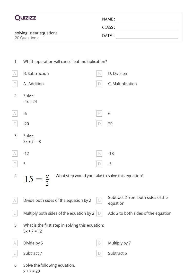 Printable Linear Equations Worksheets Quizizz