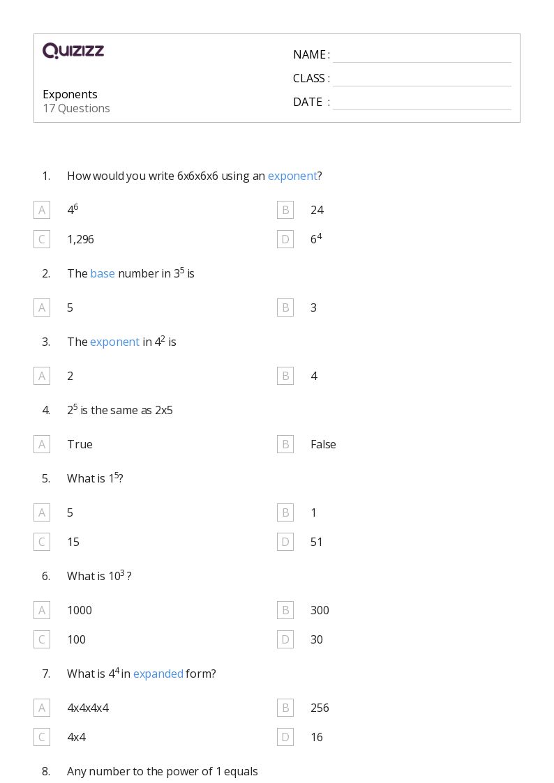 50+ Exponents worksheets for 5th Grade on Quizizz | Free & Printable