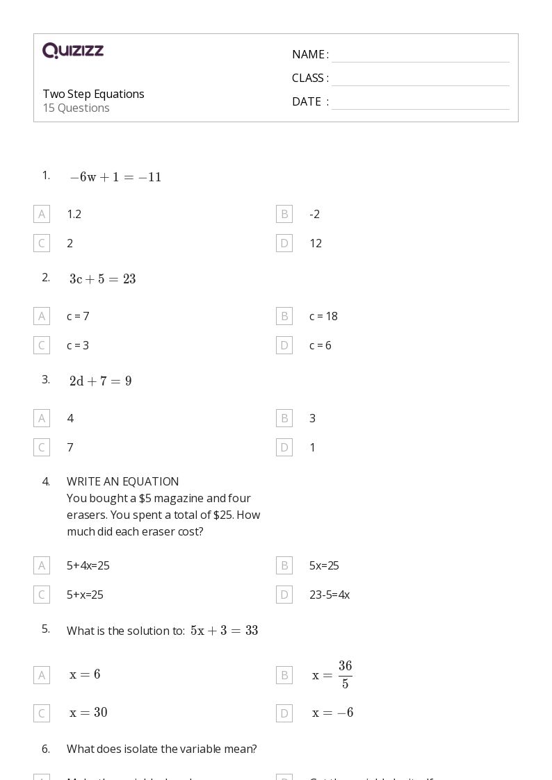 50+ Two-Step Equations worksheets for 7th Grade on Quizizz | Free