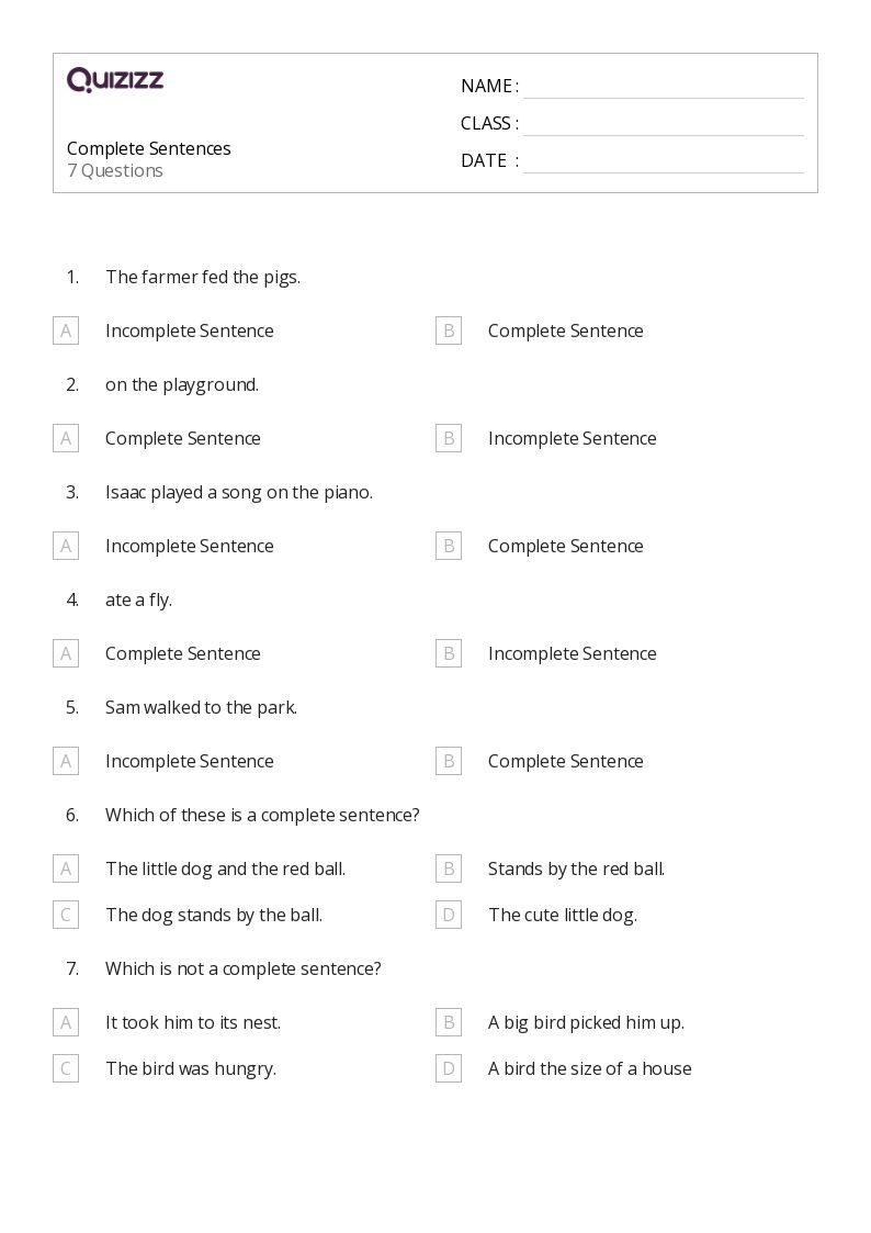 50+ Complete Sentences worksheets on Quizizz Free & Printable