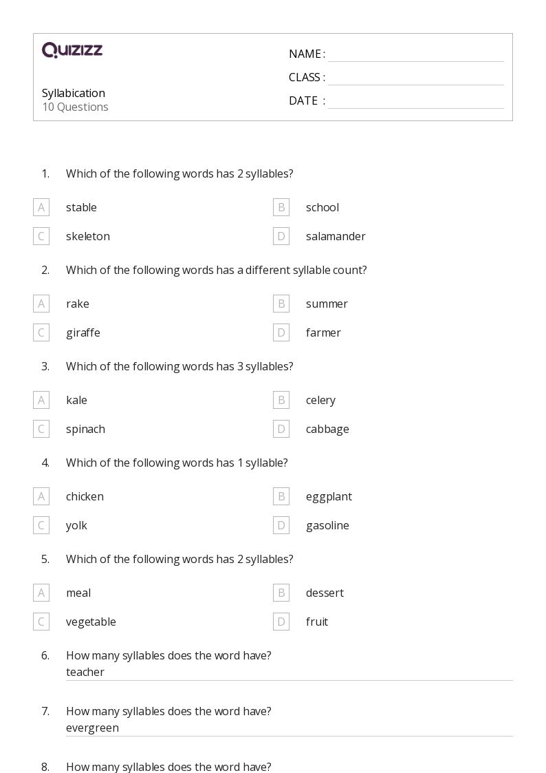 50+ Multiple Syllable Words worksheets for 2nd Year on Quizizz Free