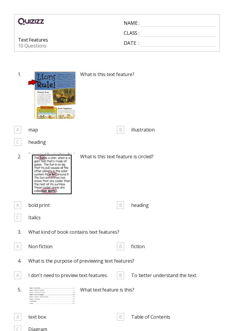 50+ Fiction Text Features worksheets for 5th Grade on Quizizz Free & Printable
