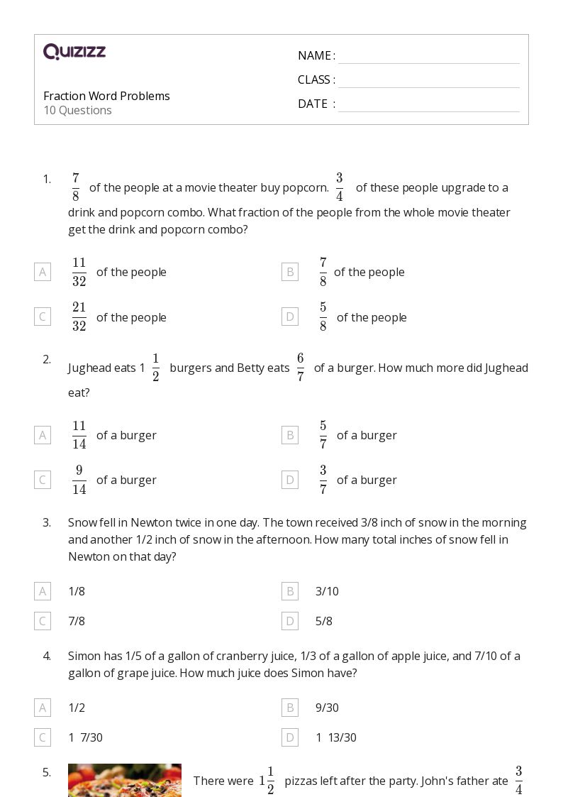 50+ Fraction Word Problems worksheets for 6th Class on Quizizz | Free