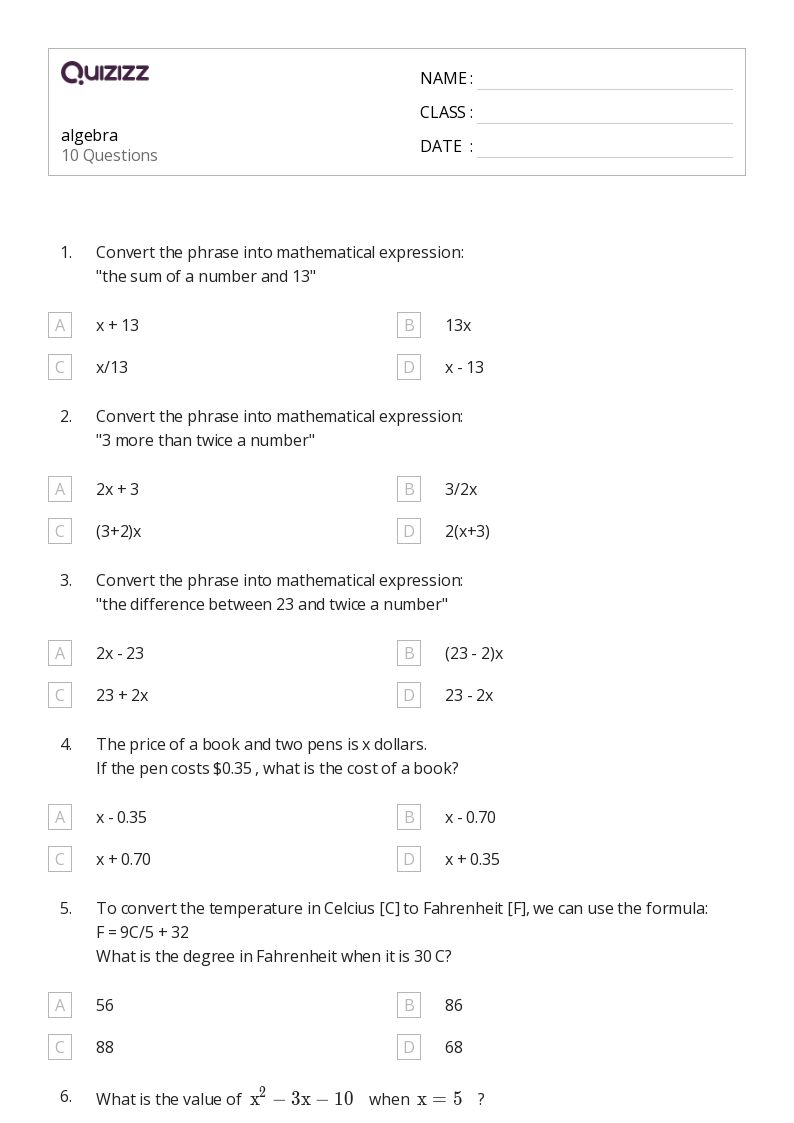 50+ algebra worksheets for 9th Class on Quizizz Free & Printable