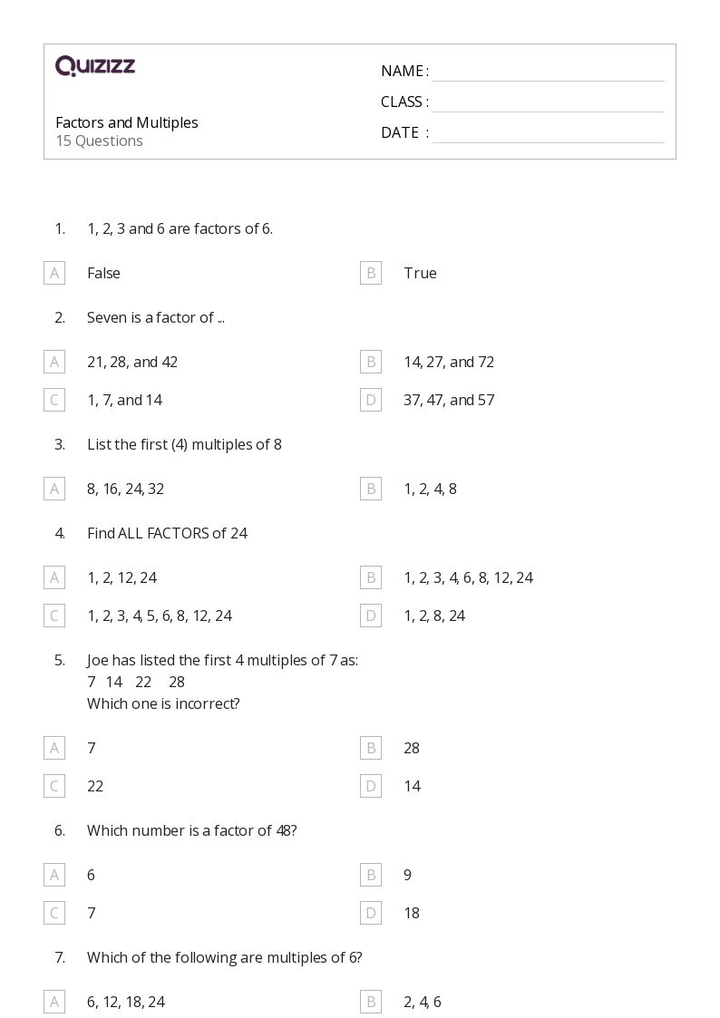 50+ Factors and Multiples worksheets for 4th Class on Quizizz Free