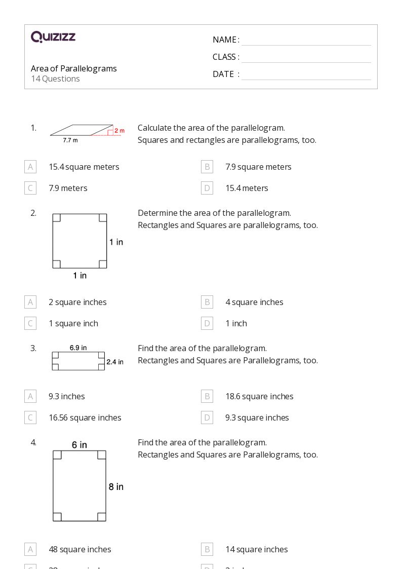 50+ area of rectangles and parallelograms worksheets for 10th Class on