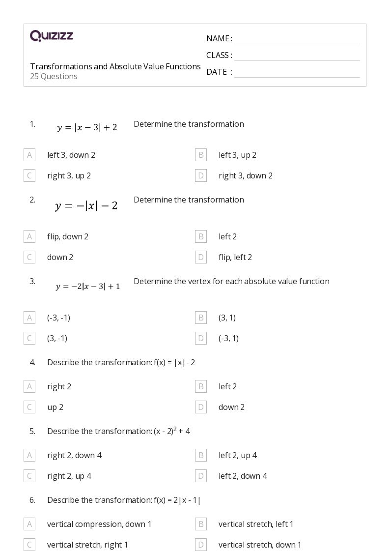 50+ absolute value equations functions and inequalities worksheets for 9th Grade on Quizizz