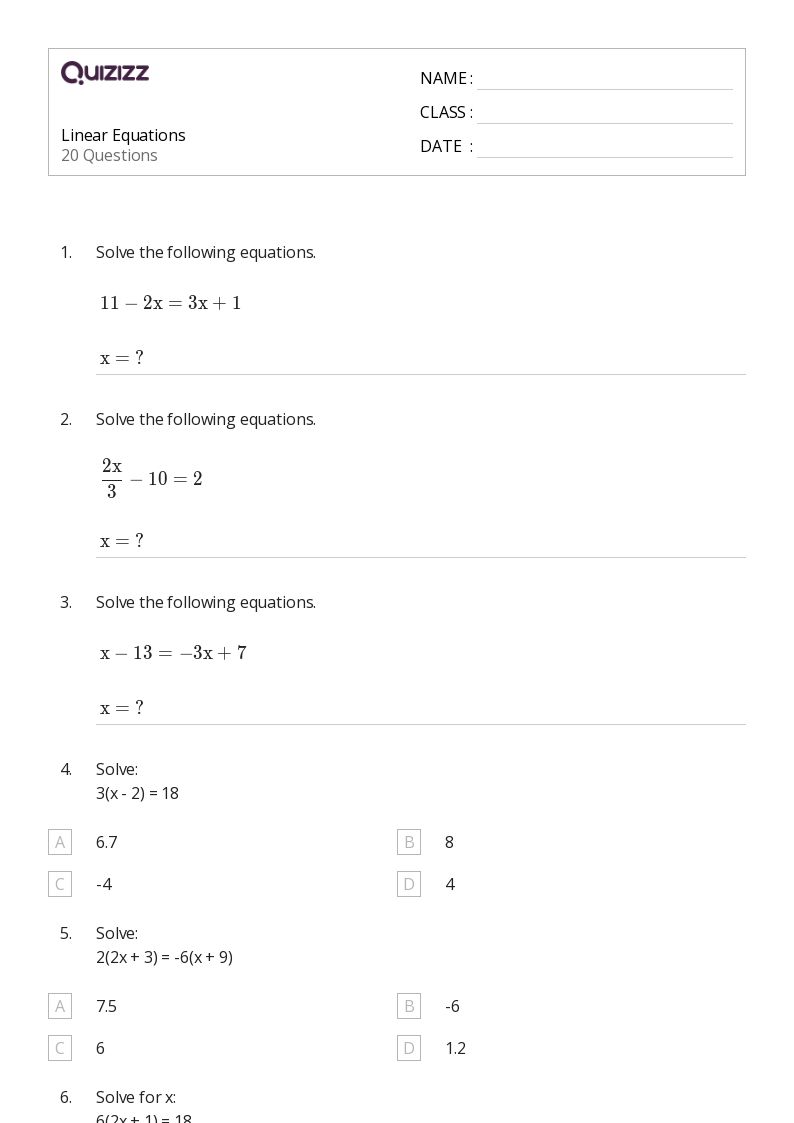 50+ Linear Equations worksheets for Kindergarten on Quizizz Free & Printable