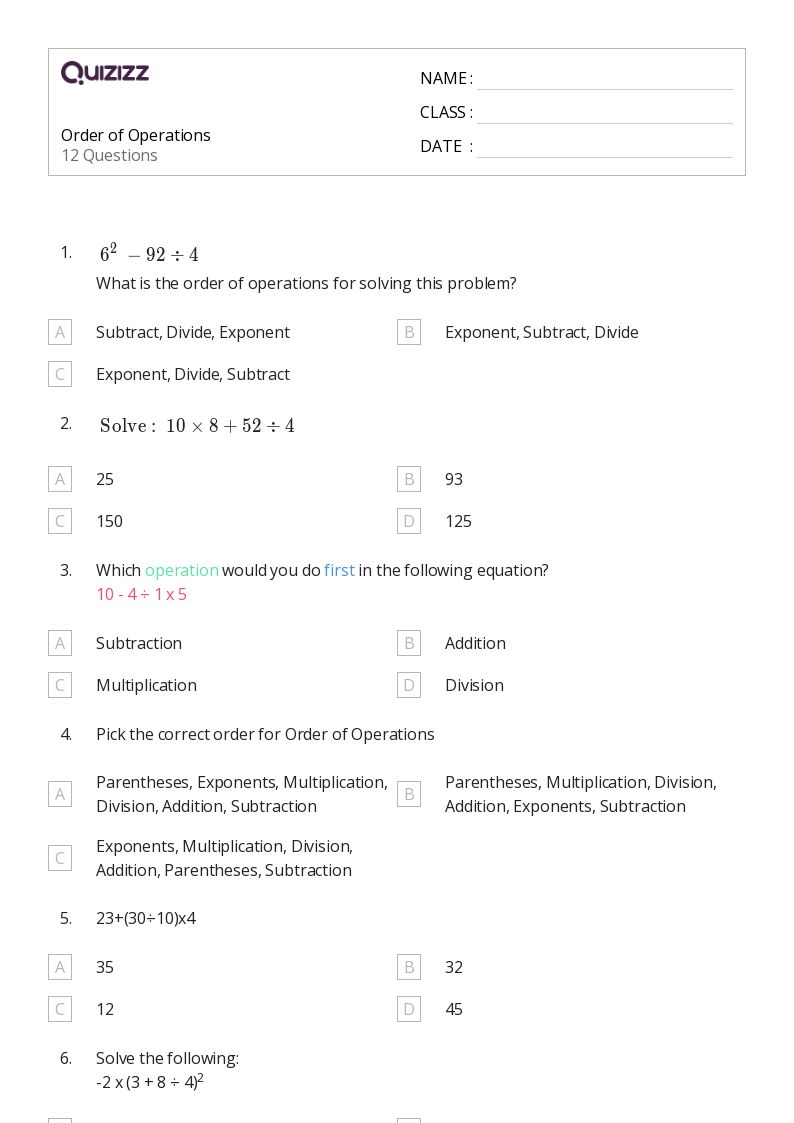 50+ Order of Operations worksheets for 8th Grade on Quizizz Free & Printable