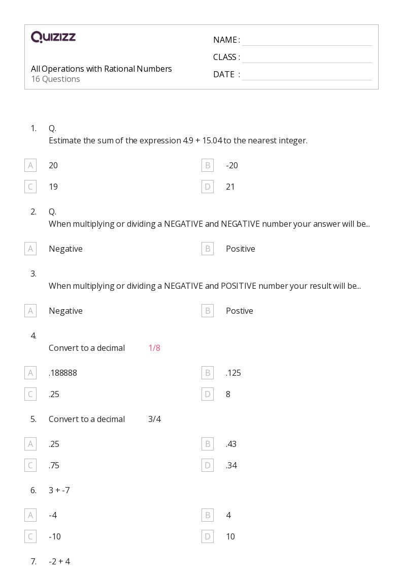 50+ Operations With Rational Numbers worksheets for 6th Grade on