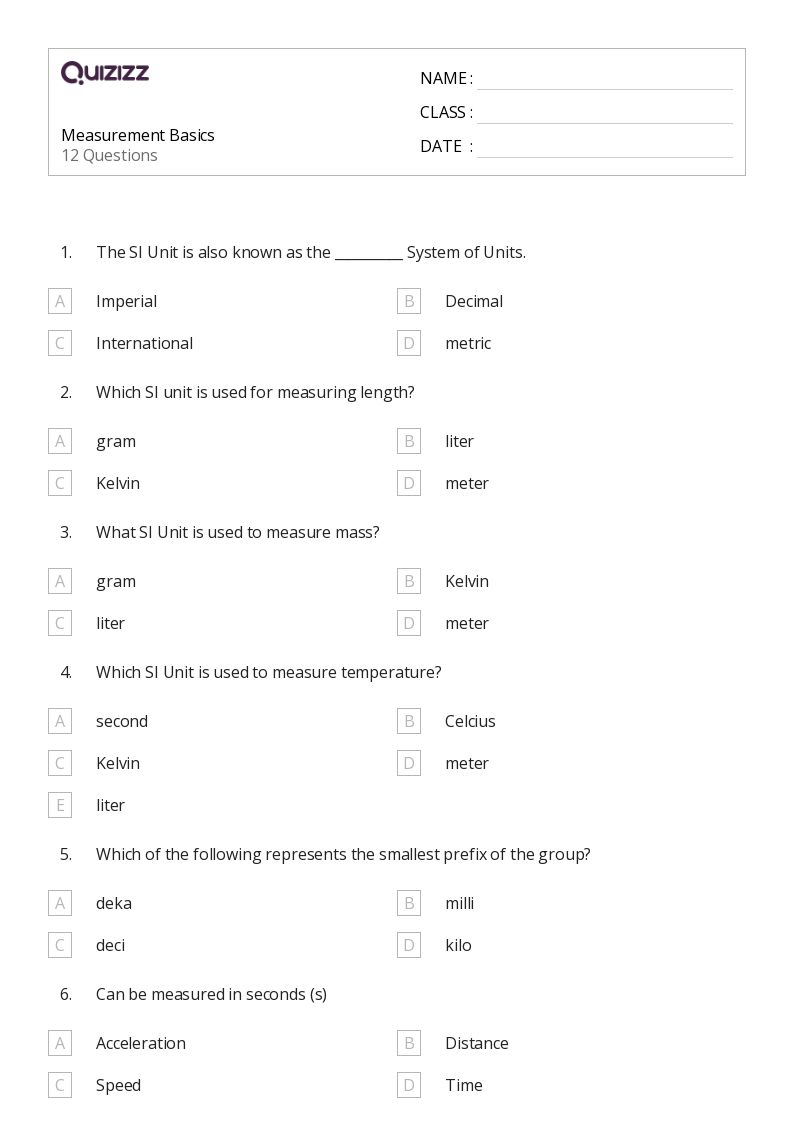 50+ units and measurement worksheets for 7th Grade on Quizizz Free & Printable
