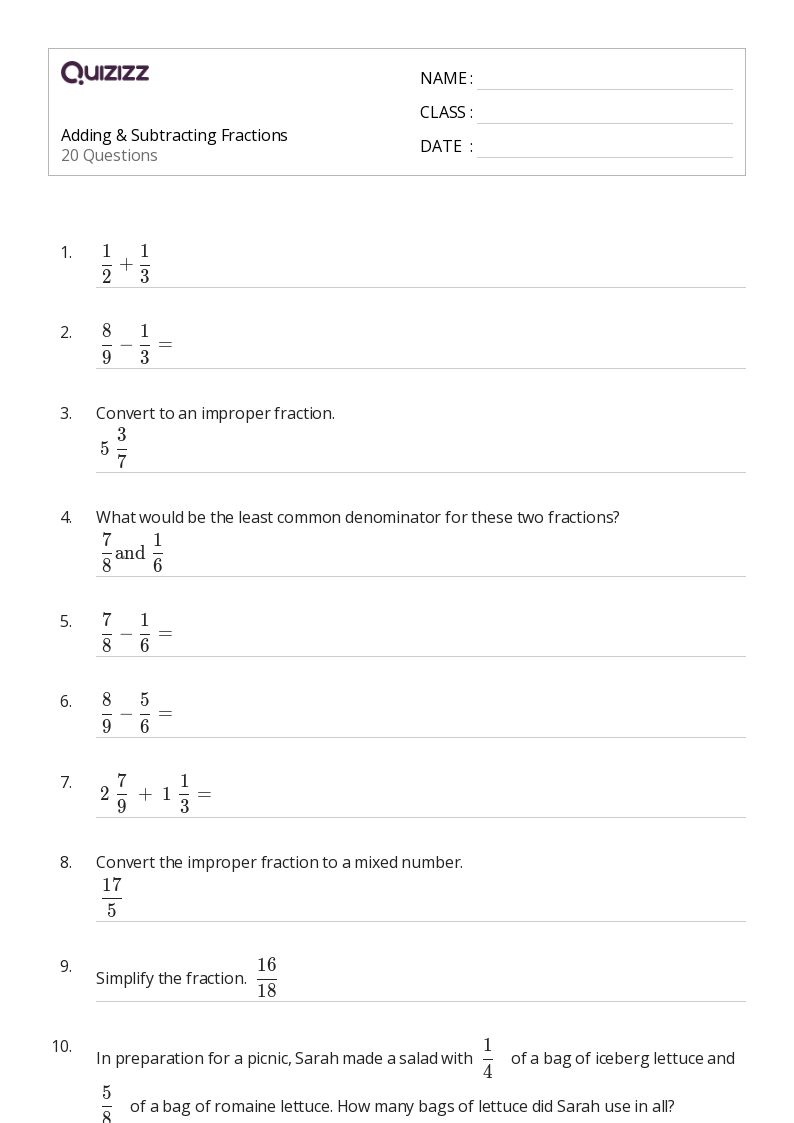 50+ Subtracting Fractions worksheets for 6th Grade on Quizizz | Free