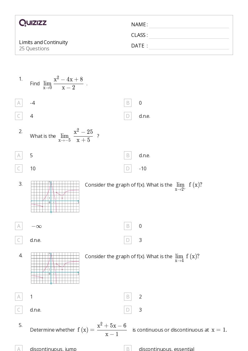 50+ limits and continuity worksheets for 11th Class on Quizizz Free & Printable