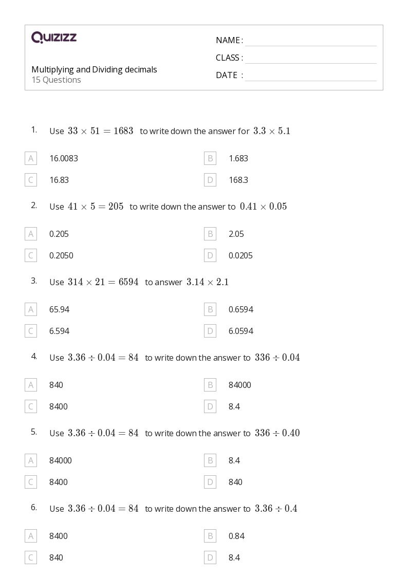 50+ Dividing Decimals worksheets for 7th Class on Quizizz Free & Printable