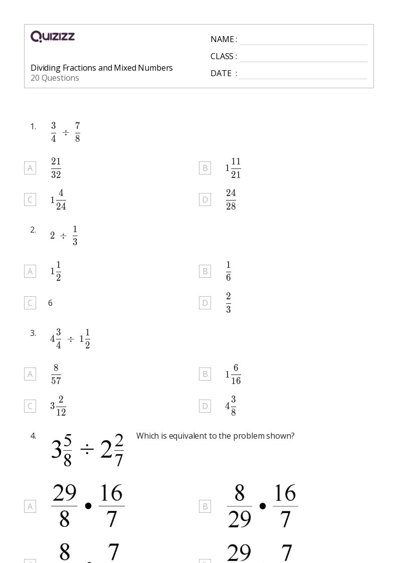50+ Dividing Fractions worksheets for 8th Grade on Quizizz Free & Printable