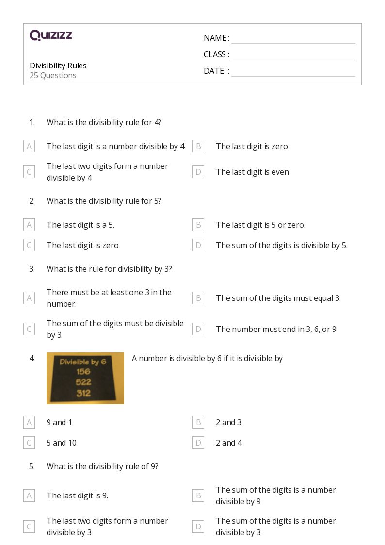 50+ Divisibility Rules worksheets for 6th Grade on Quizizz | Free