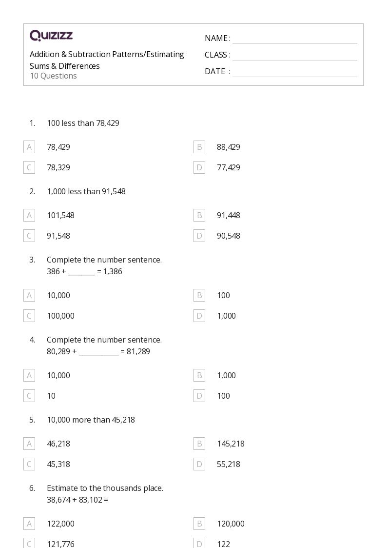 50+ Subtraction and Patterns of One Less worksheets for 4th Grade on Quizizz Free & Printable