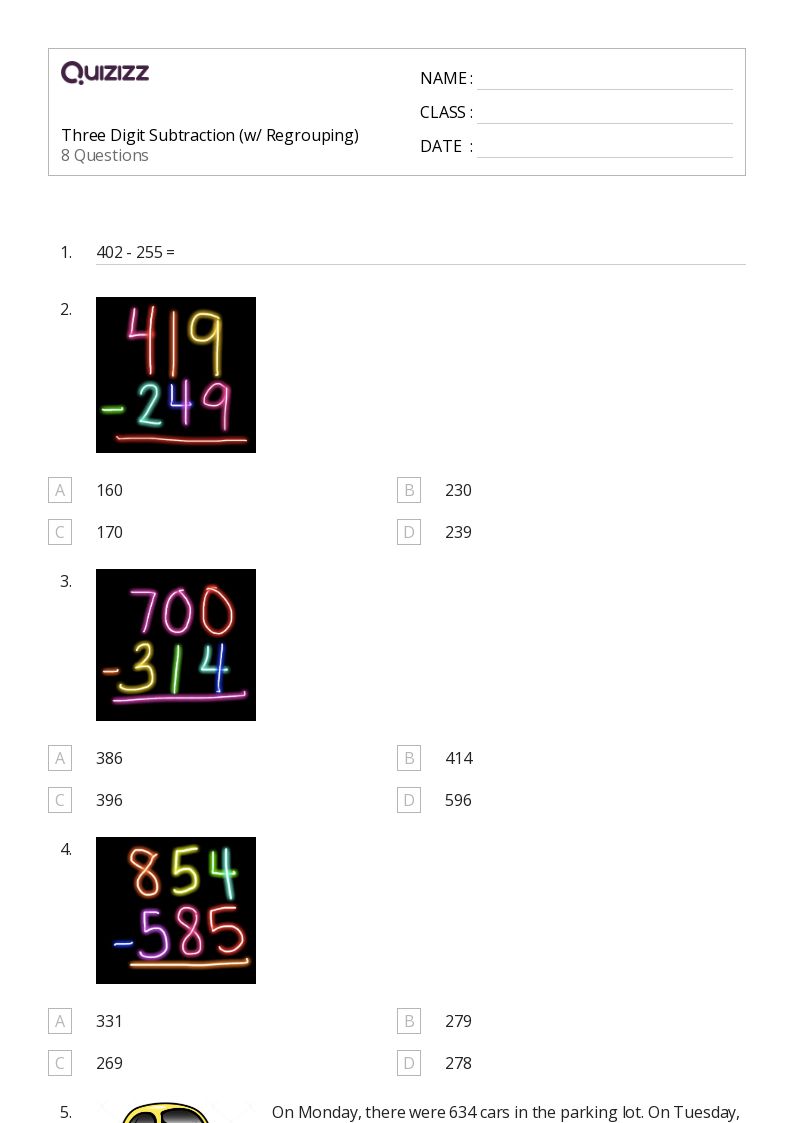 50+ ThreeDigit Subtraction and Regrouping worksheets for 3rd Grade on Quizizz Free & Printable