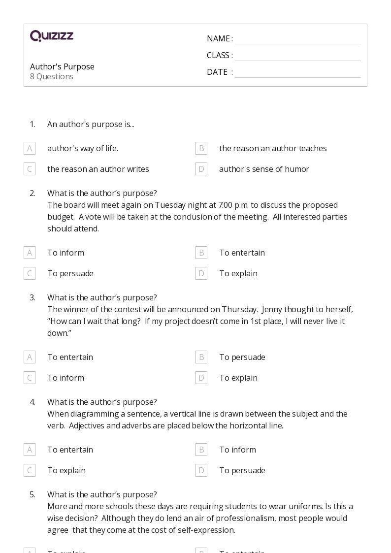 50+ Identifying the Author's Purpose worksheets for 7th Grade on Quizizz Free & Printable