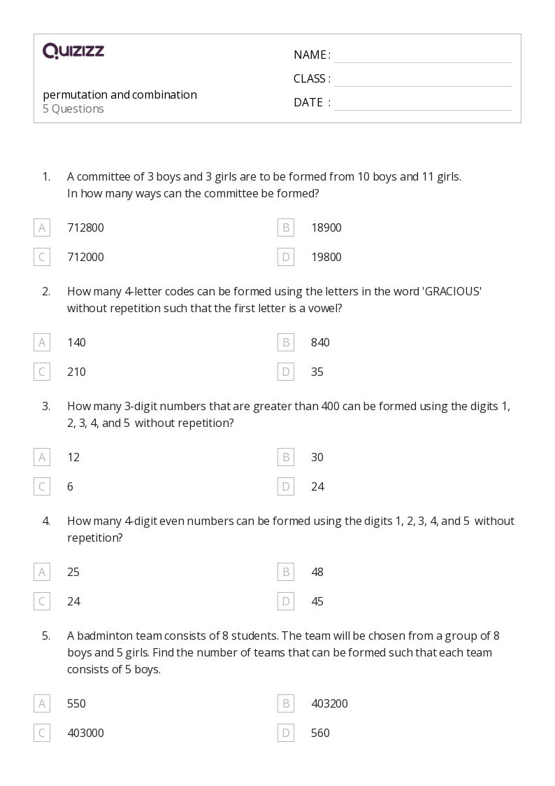 50+ permutation and combination worksheets on Quizizz Free & Printable