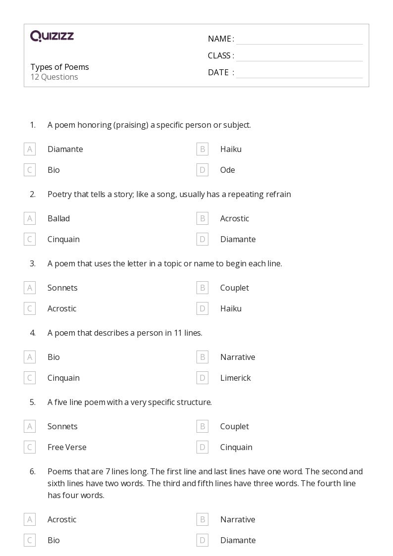 50+ Poems worksheets for 8th Class on Quizizz Free & Printable