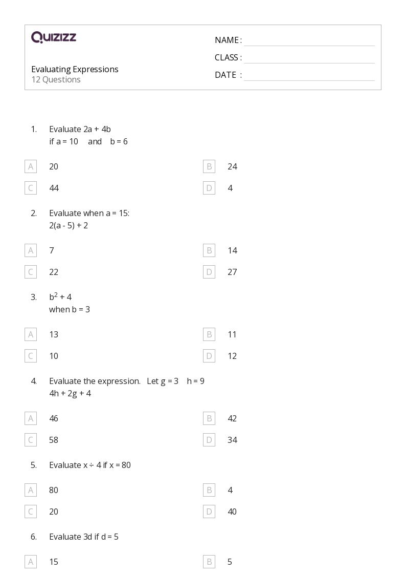50+ Evaluating Expressions worksheets for 7th Grade on Quizizz | Free