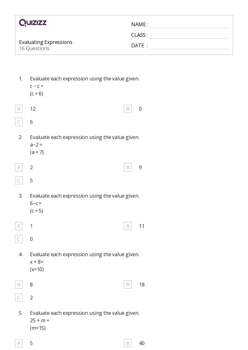 50+ Evaluating Expressions worksheets for 6th Grade on Quizizz Free & Printable