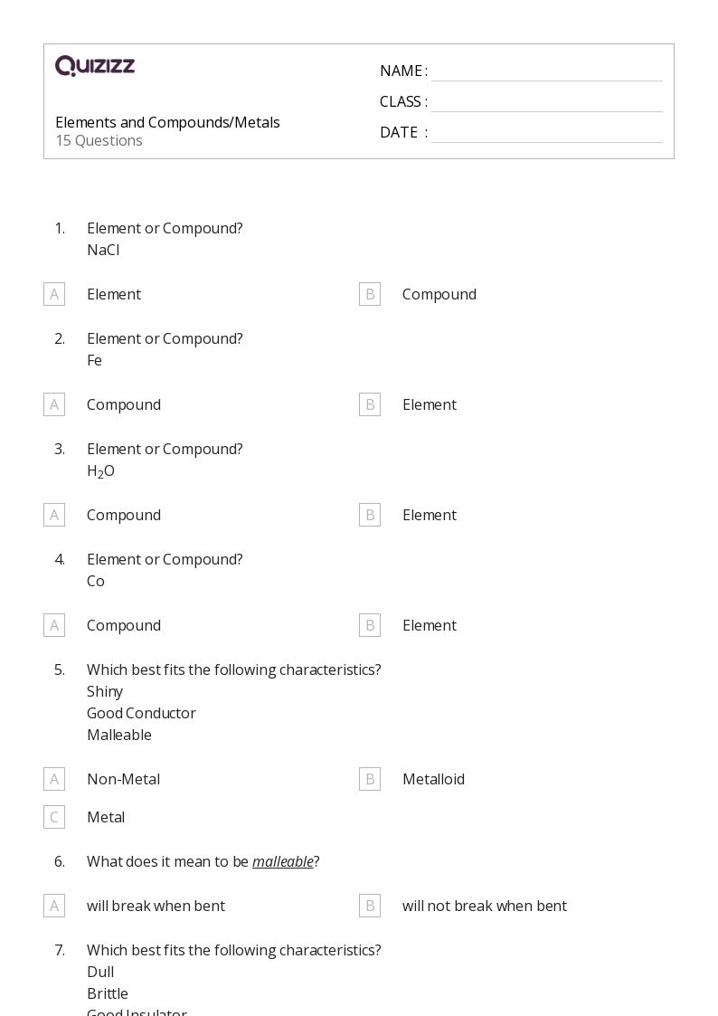 50+ elements and compounds worksheets on Quizizz Free & Printable