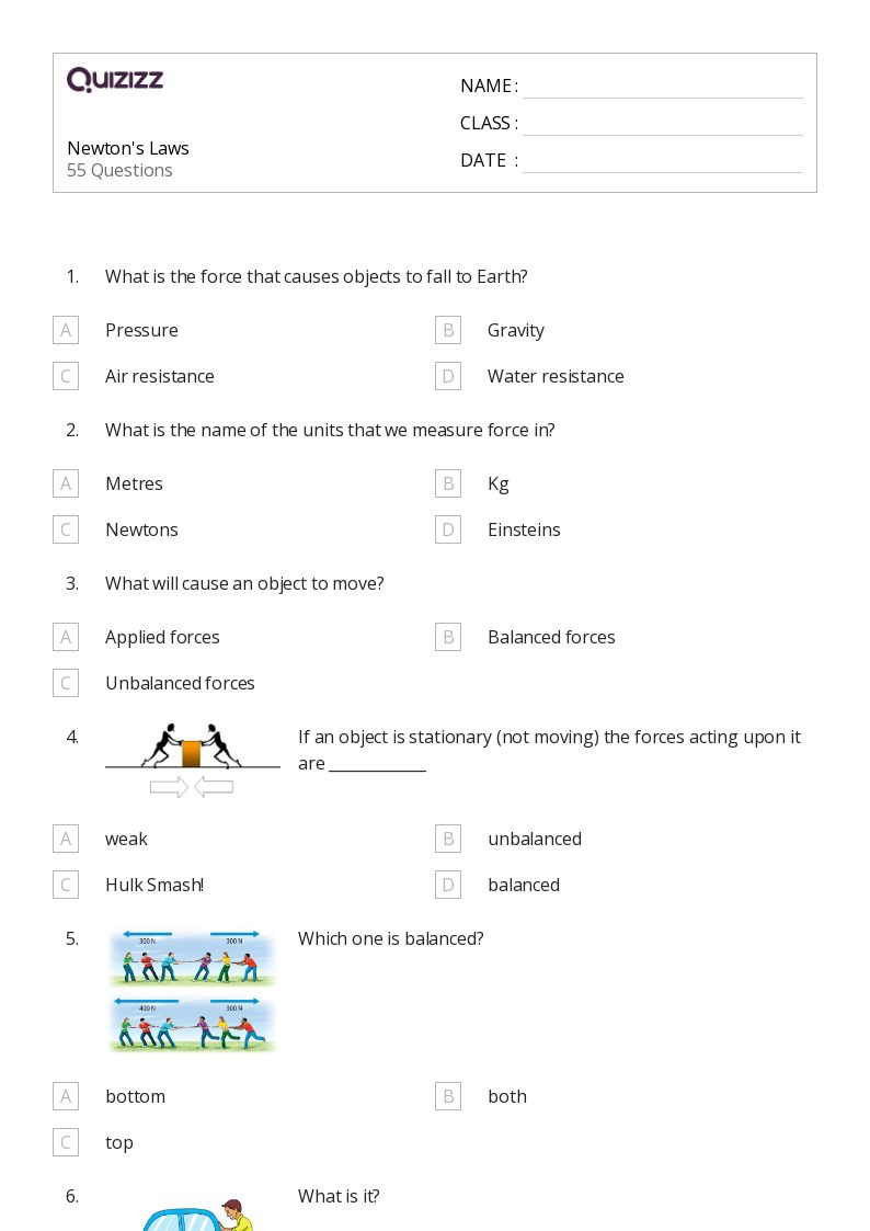 Printable forces and newtons laws of motion Worksheets Quizizz