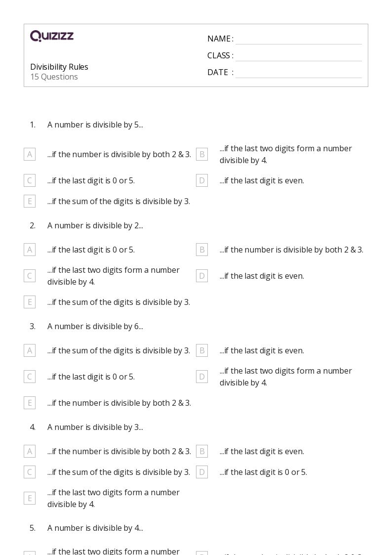 50+ Divisibility Rules worksheets for 5th Grade on Quizizz Free