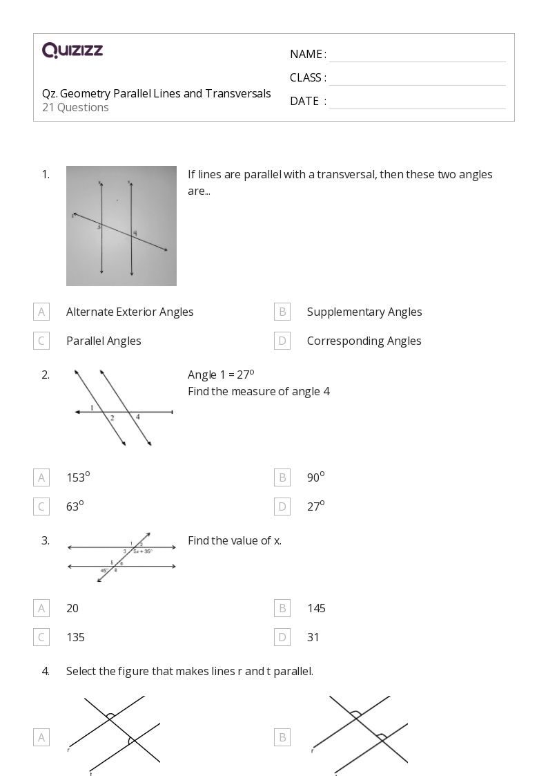 Printable transversal of parallel lines Worksheets for Grade 10 Quizizz