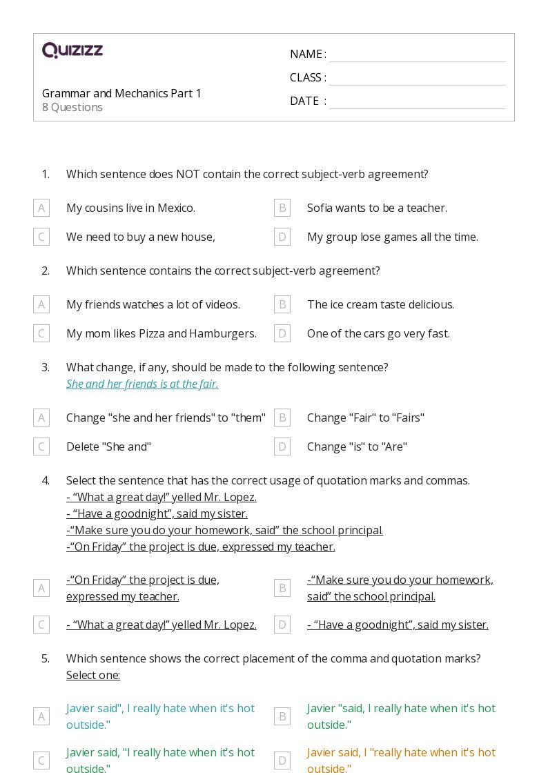 50+ Grammar and Mechanics worksheets for 5th Grade on Quizizz Free & Printable